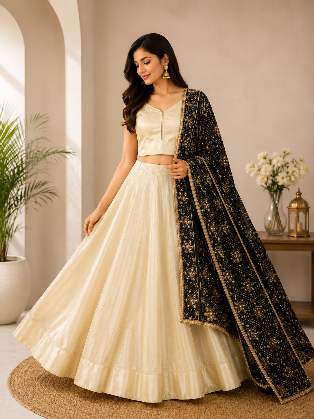 Tissue Shimmer Lehenga Set with Multicolor Phulkari Dupatta