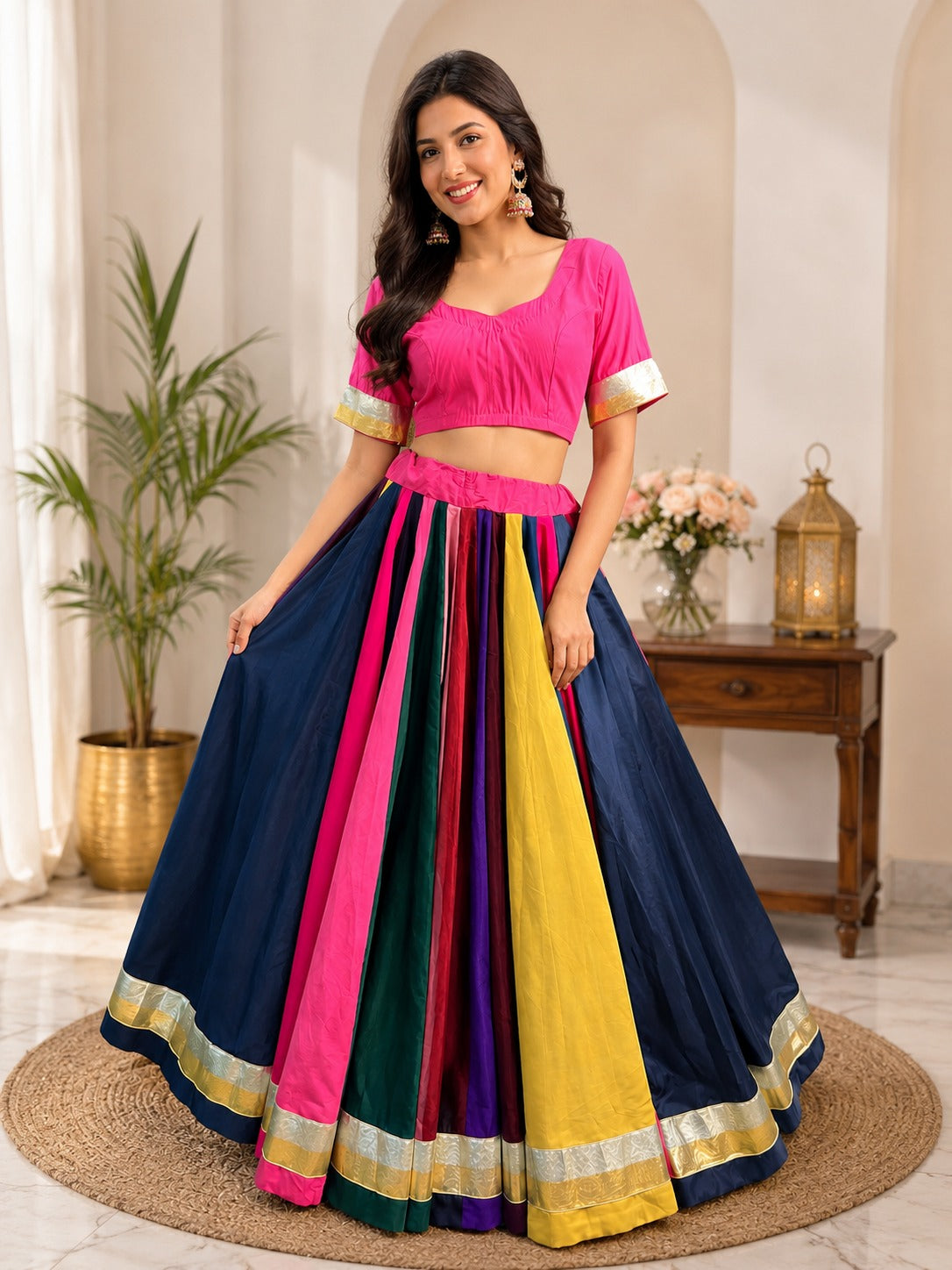 Multicolor Pure Cotton Embossed Navratri Lehenga Choli with Blouse