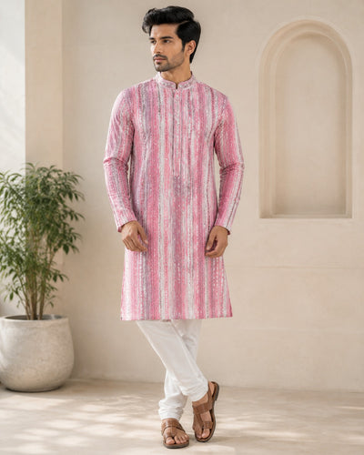 Premium Men's Foil Mirror Work Silk Kurta