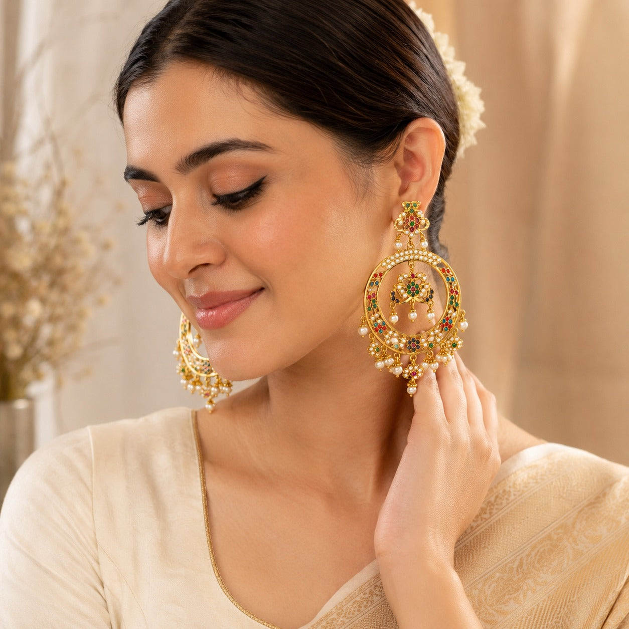 Jadau Pearl Chandbali Earrings | Traditional Indian Statement Jewelry