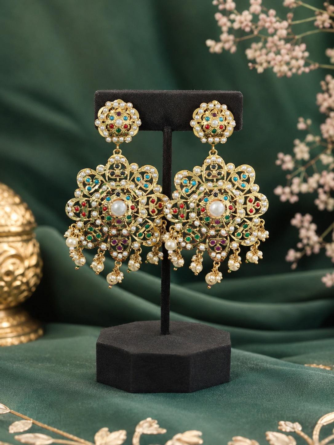 Jadau Pearl Drop Earrings with Multicolor Stones | Traditional Indian Statement Earrings