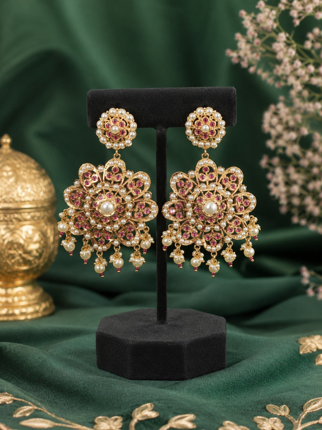 Jadau Pearl Drop Earrings with Multicolor Stones | Traditional Indian Statement Earrings