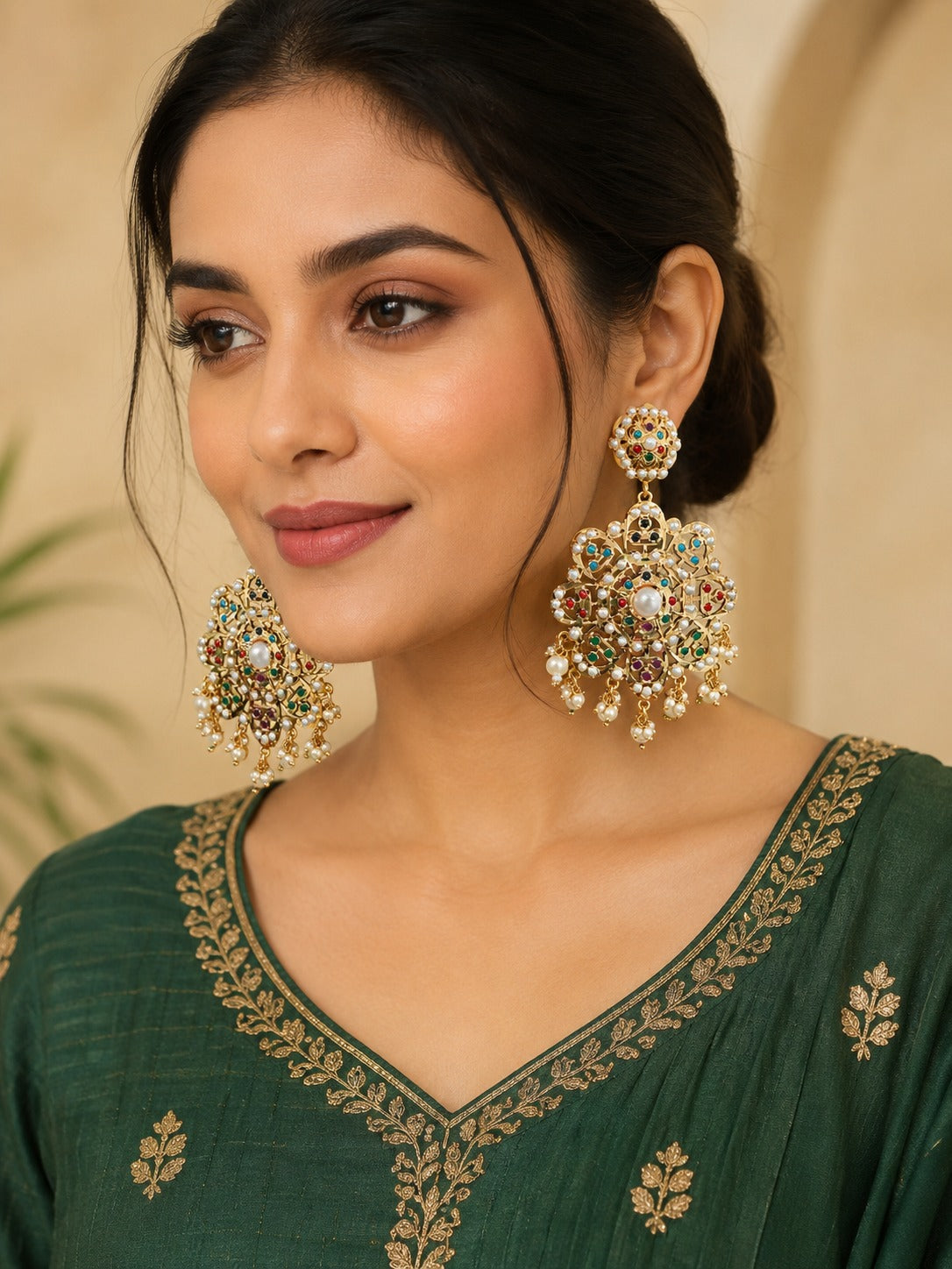 Jadau Pearl Drop Earrings with Multicolor Stones | Traditional Indian Statement Earrings