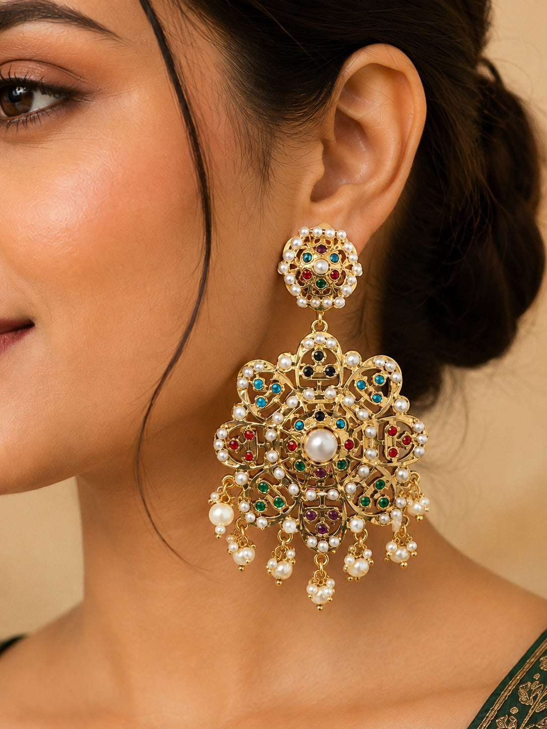 Jadau Pearl Drop Earrings with Multicolor Stones | Traditional Indian Statement Earrings