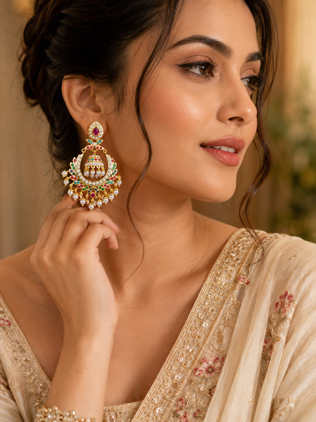 Jadau Chandbali Earrings with Pearls | Indian Jewelry