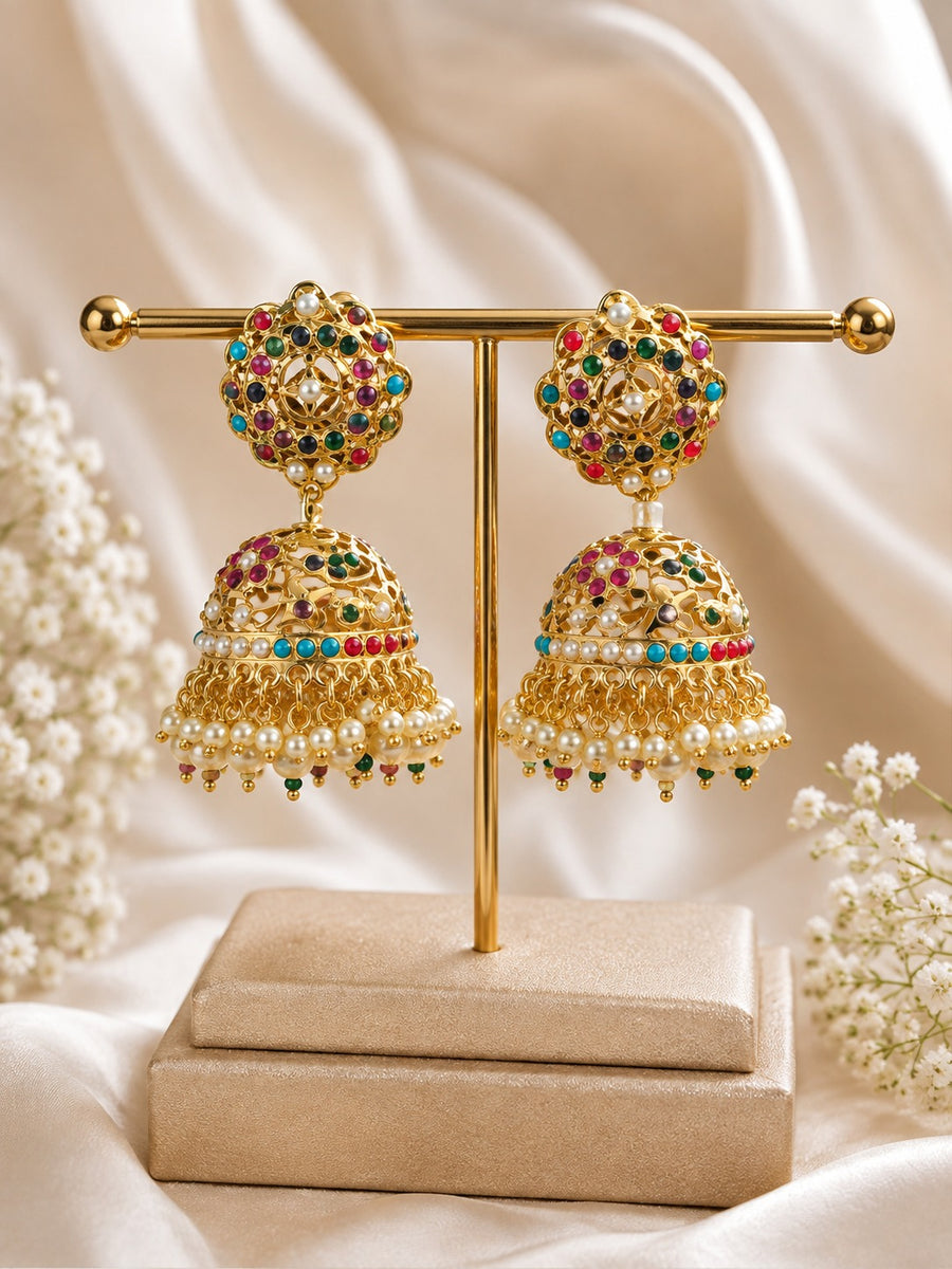 Jadau Jhumka Earrings with Pearl Detailing & Intricate Gold Work