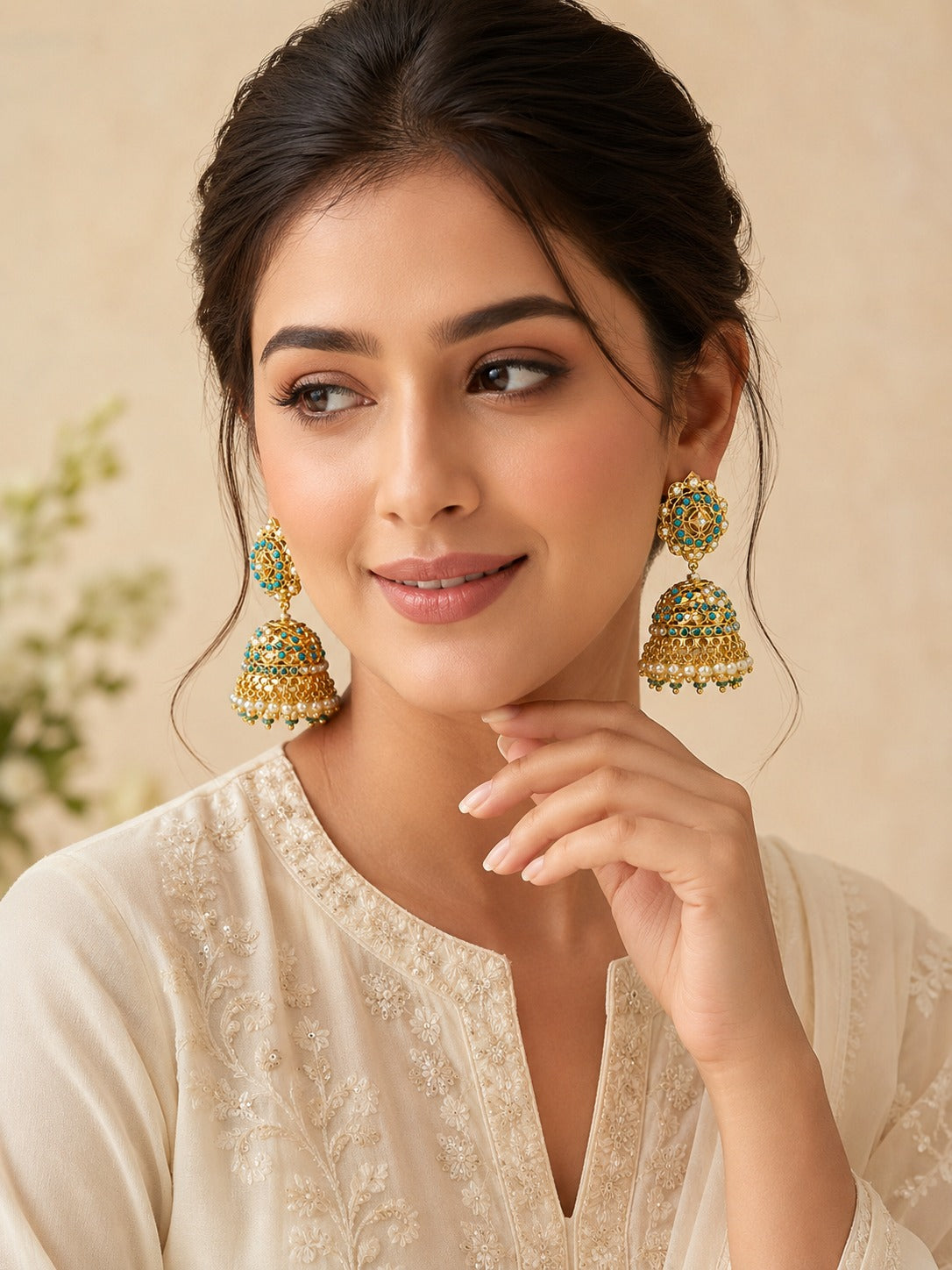 Jadau Jhumka Earrings with Pearl Detailing & Intricate Gold Work