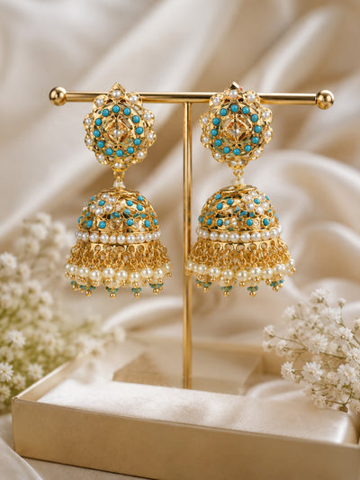 Jadau Jhumka Earrings with Pearl Detailing & Intricate Gold Work