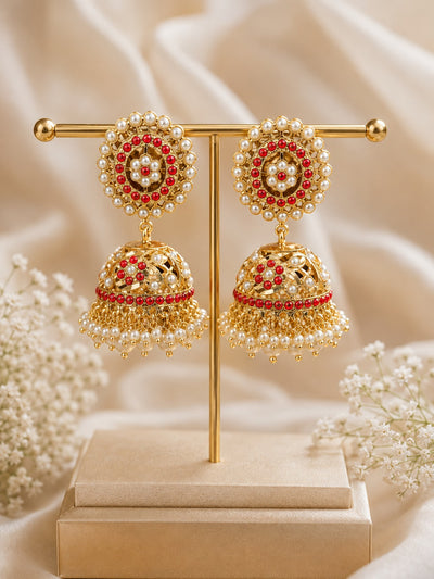 Jadau Jhumka Earrings with Pearl Detailing & Intricate Gold Work