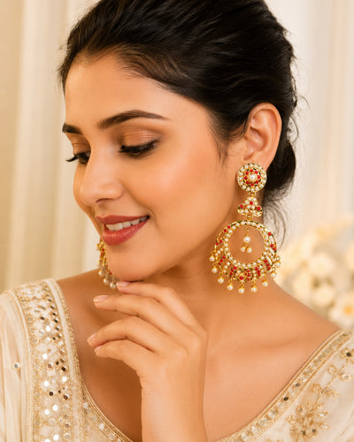 Jadau Pearl & Red Stone Chandbali Earrings