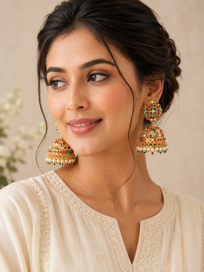 Jadau Jhumka Earrings with Pearl Detailing & Intricate Gold Work