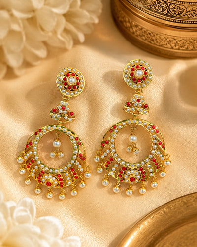 Jadau Pearl & Red Stone Chandbali Earrings