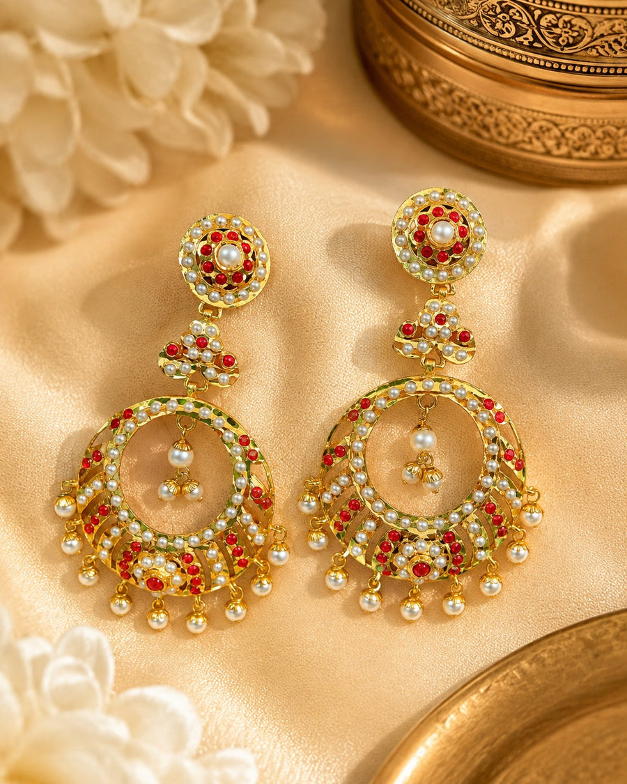Jadau Pearl & Red Stone Chandbali Earrings