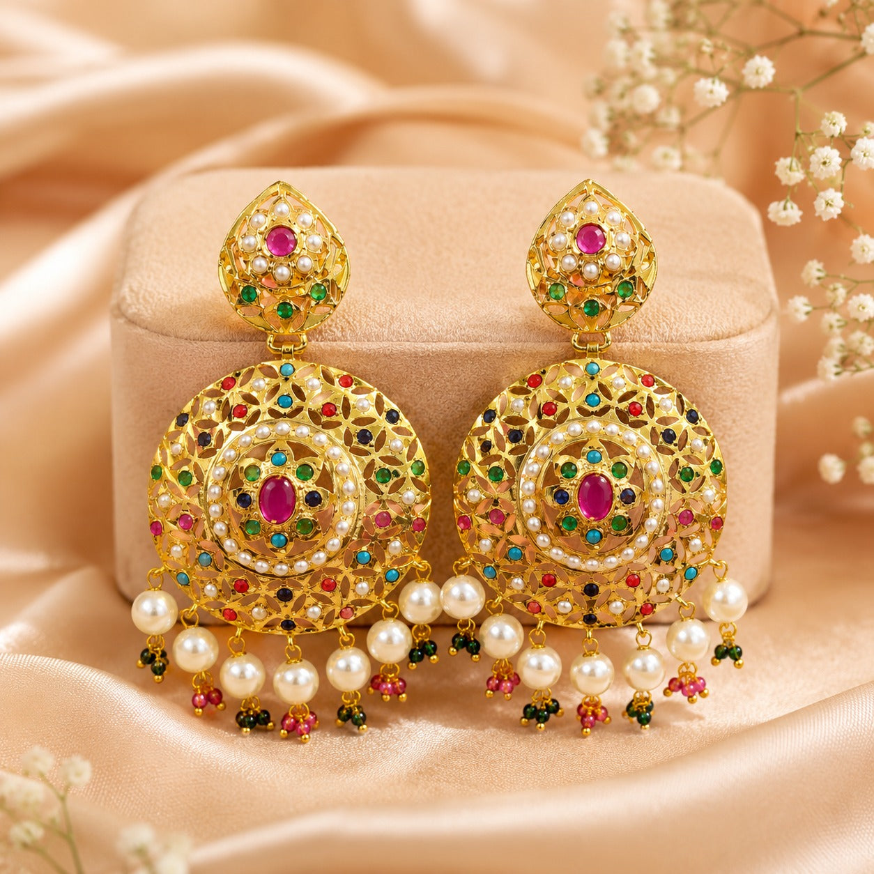Jadau Multicolor Pearl Drop Earrings | Traditional Jewelry