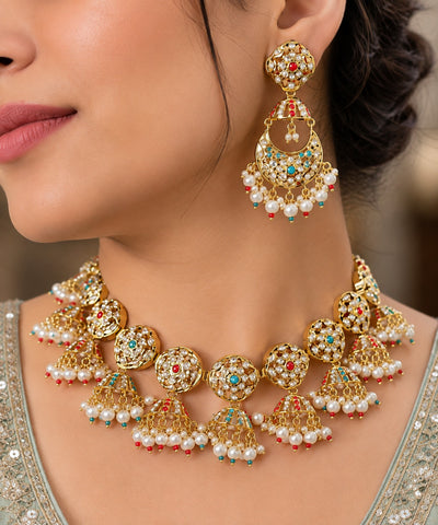 Kundan-Style Jadau Necklace Set with Pearl & Multicolor Stone Work