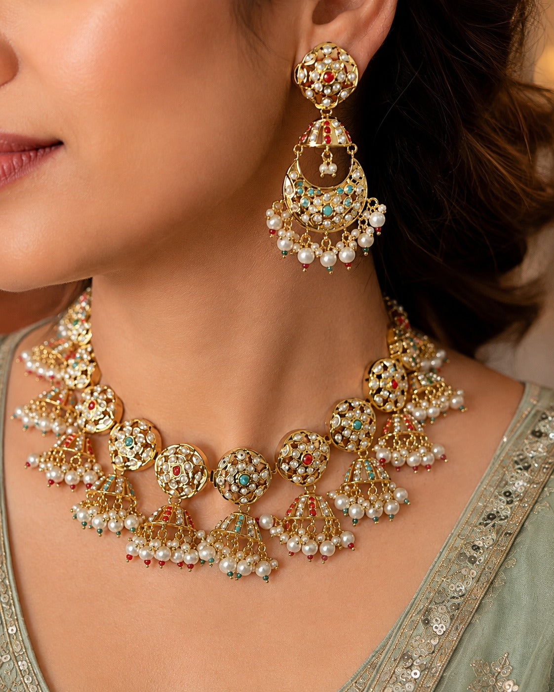Kundan-Style Jadau Necklace Set with Pearl & Multicolor Stone Work
