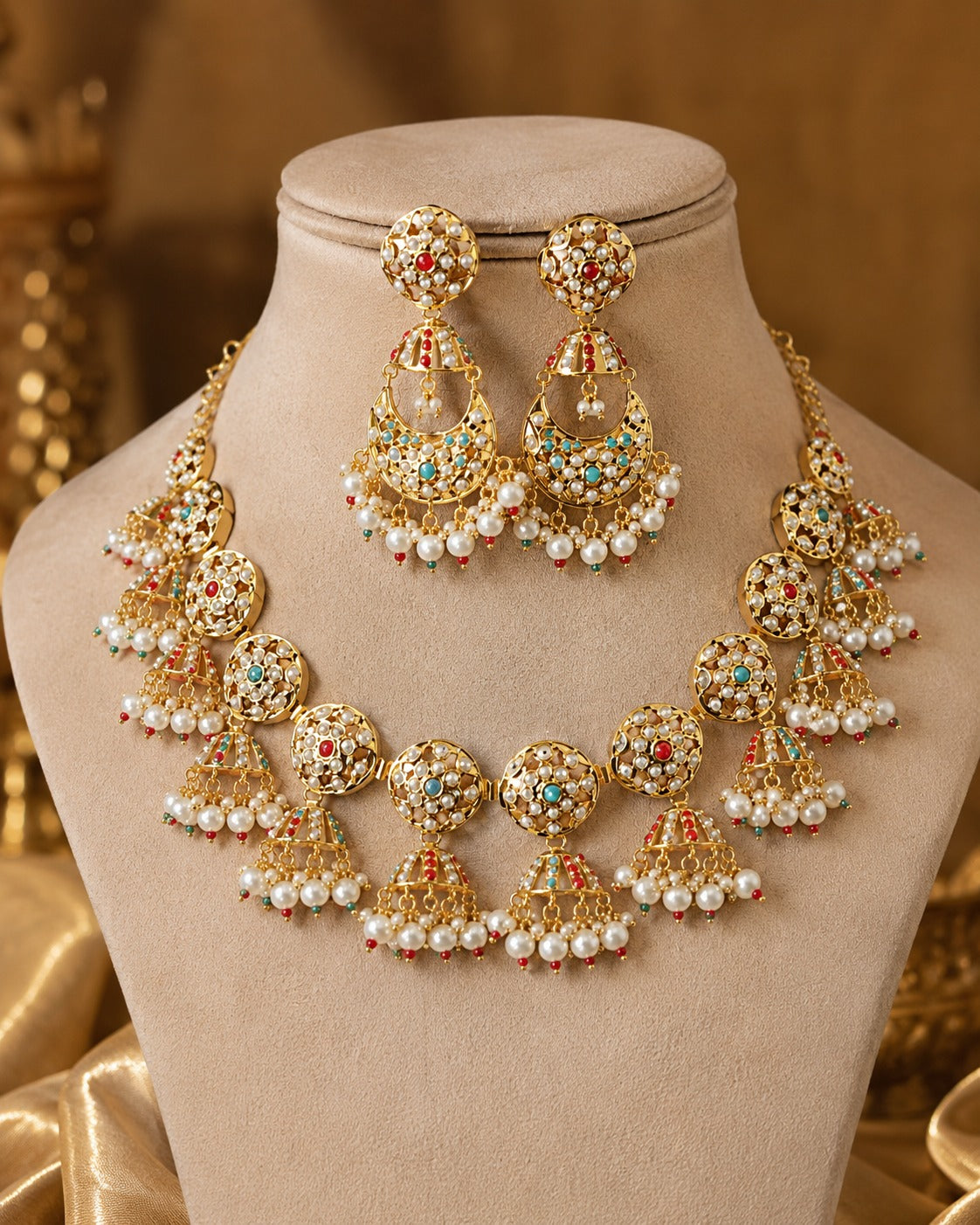 Kundan-Style Jadau Necklace Set with Pearl & Multicolor Stone Work