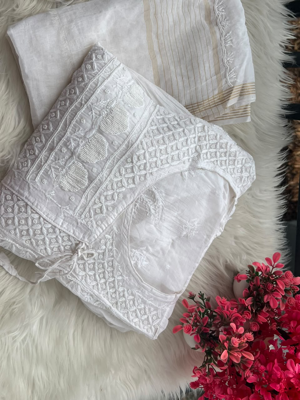 Lucknowi Chikankari Unstitched Mul Angrakha with Heavy Moti Work | Elegant Ethnic Wear