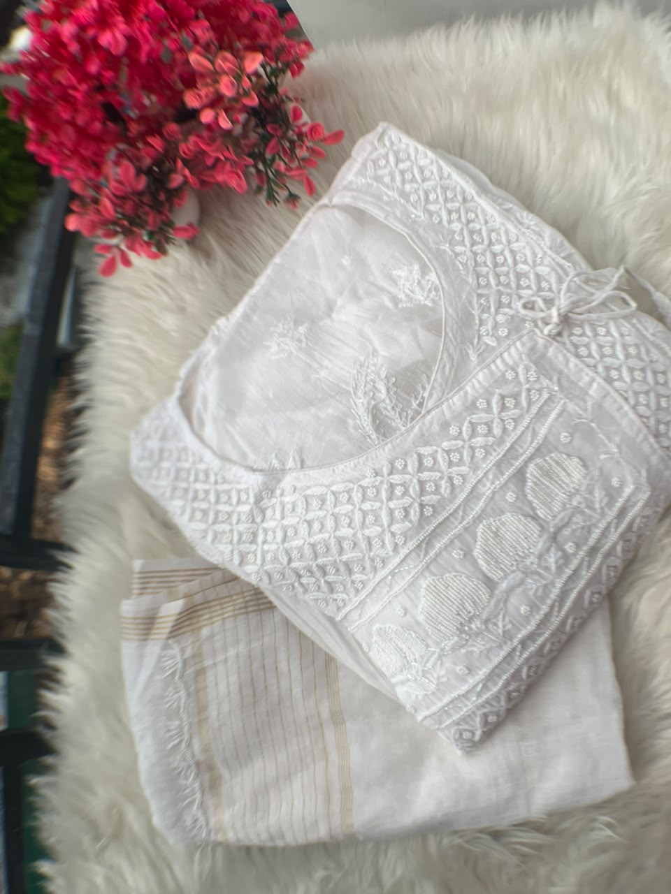 Lucknowi Chikankari Unstitched Mul Angrakha with Heavy Moti Work | Elegant Ethnic Wear