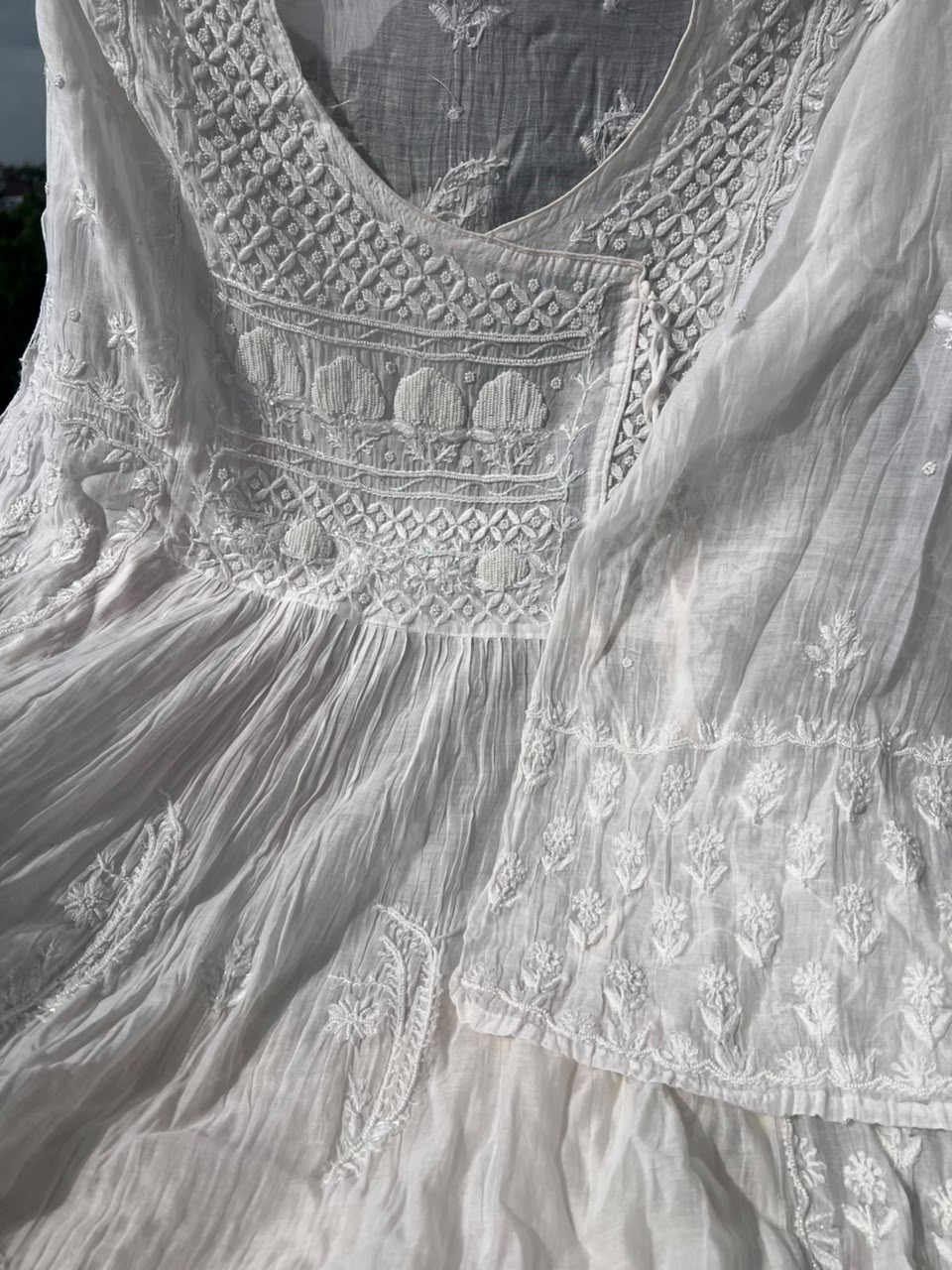 Lucknowi Chikankari Unstitched Mul Angrakha with Heavy Moti Work | Elegant Ethnic Wear
