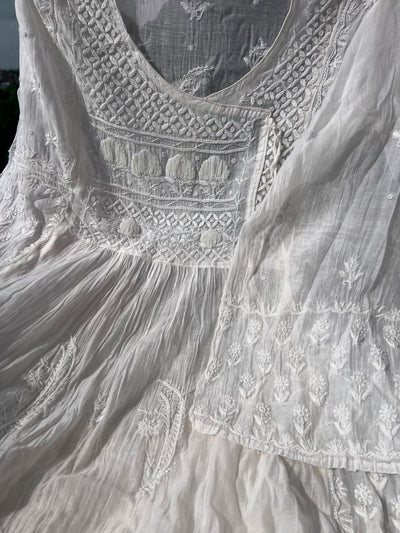 Lucknowi Chikankari Unstitched Mul Angrakha with Heavy Moti Work | Elegant Ethnic Wear