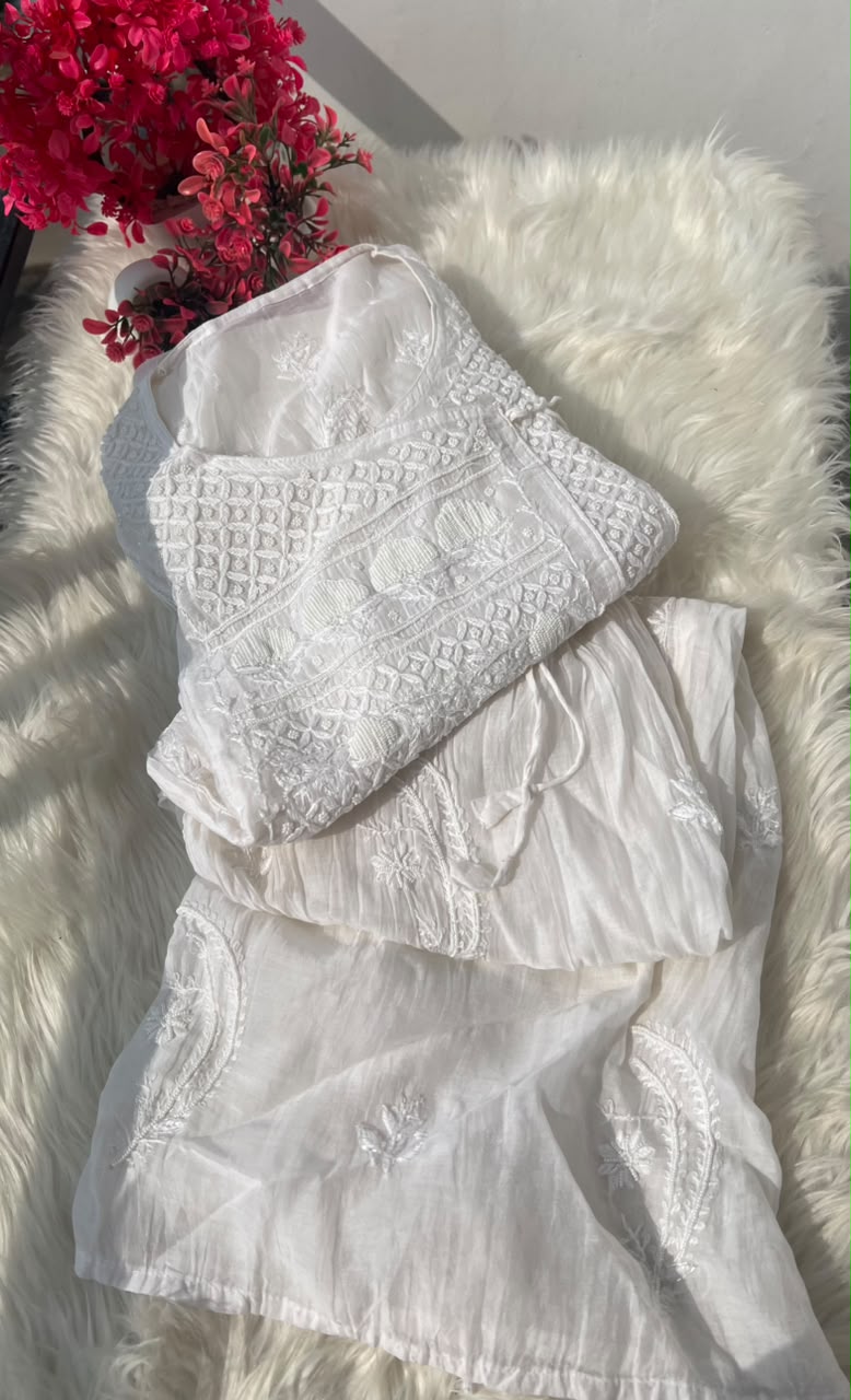 Lucknowi Chikankari Unstitched Mul Angrakha with Heavy Moti Work | Elegant Ethnic Wear
