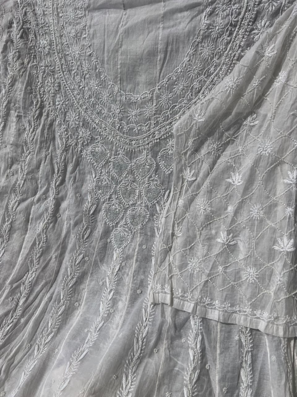 Lucknowi Chikankari Unstitched Mul Anarkali Suit with Heavy Moti Work | Front & Back Embroidery