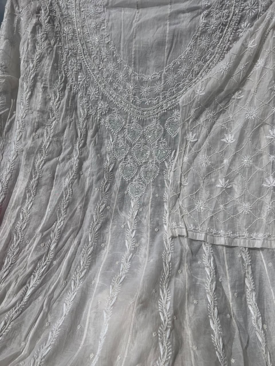 Lucknowi Chikankari Unstitched Mul Anarkali Suit with Heavy Moti Work | Front & Back Embroidery