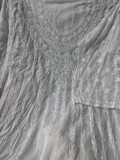 Lucknowi Chikankari Unstitched Mul Anarkali Suit with Heavy Moti Work | Front & Back Embroidery