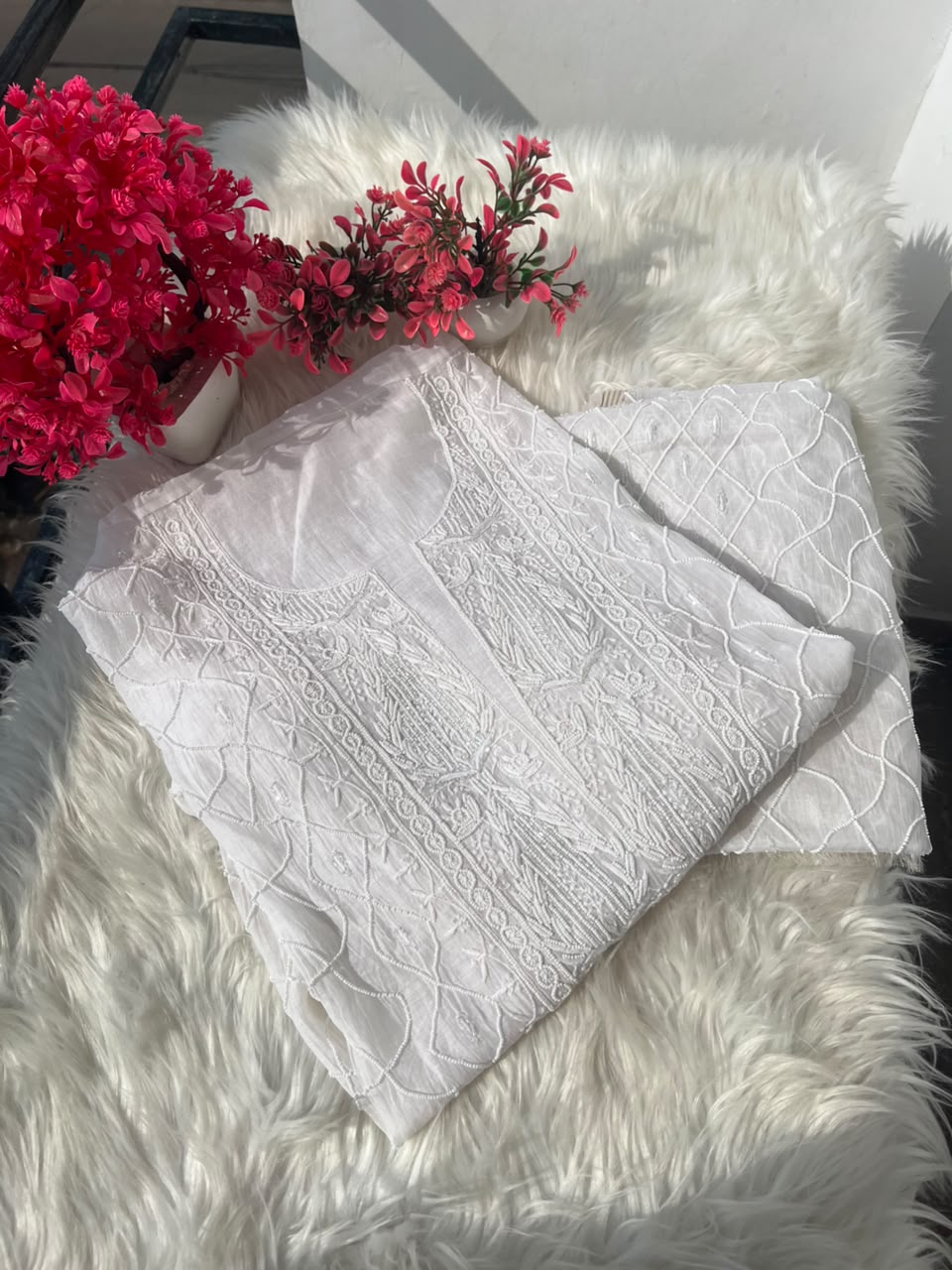 Lucknowi Chikankari Unstitched Straight Suit Set with Heavy Moti & Cutdana Work