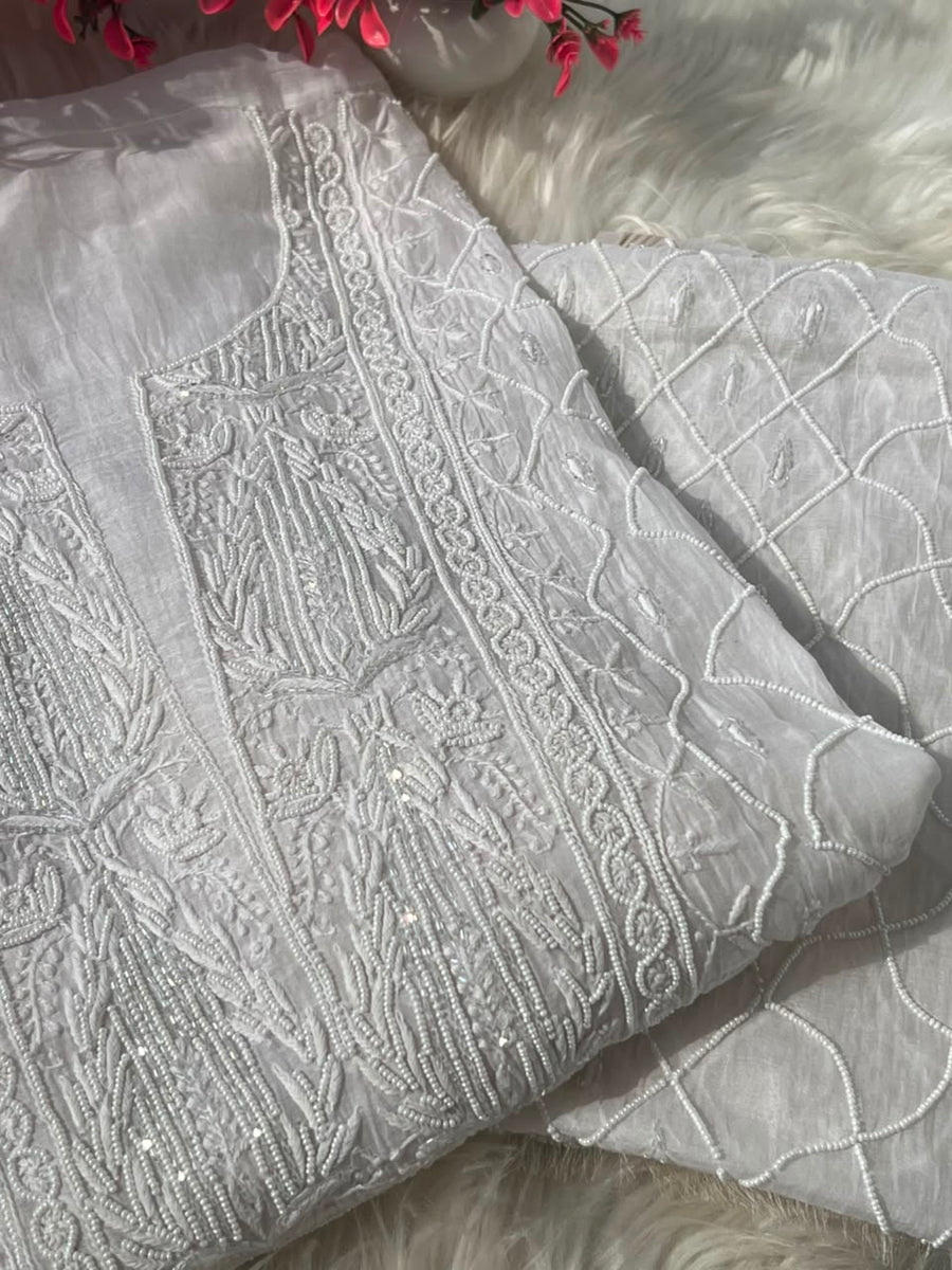 Lucknowi Chikankari Unstitched Straight Suit Set with Heavy Moti & Cutdana Work