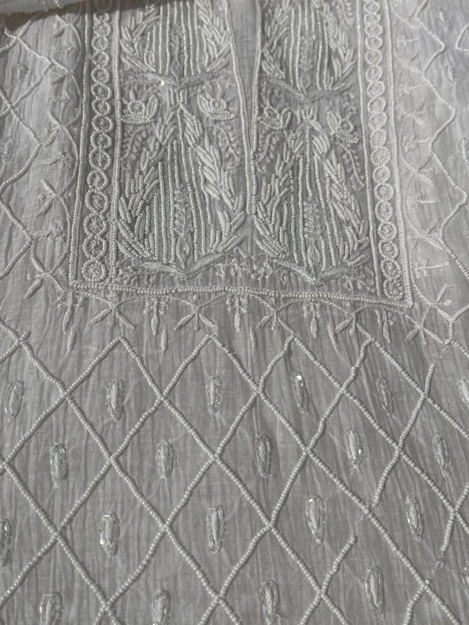 Lucknowi Chikankari Unstitched Straight Suit Set with Heavy Moti & Cutdana Work