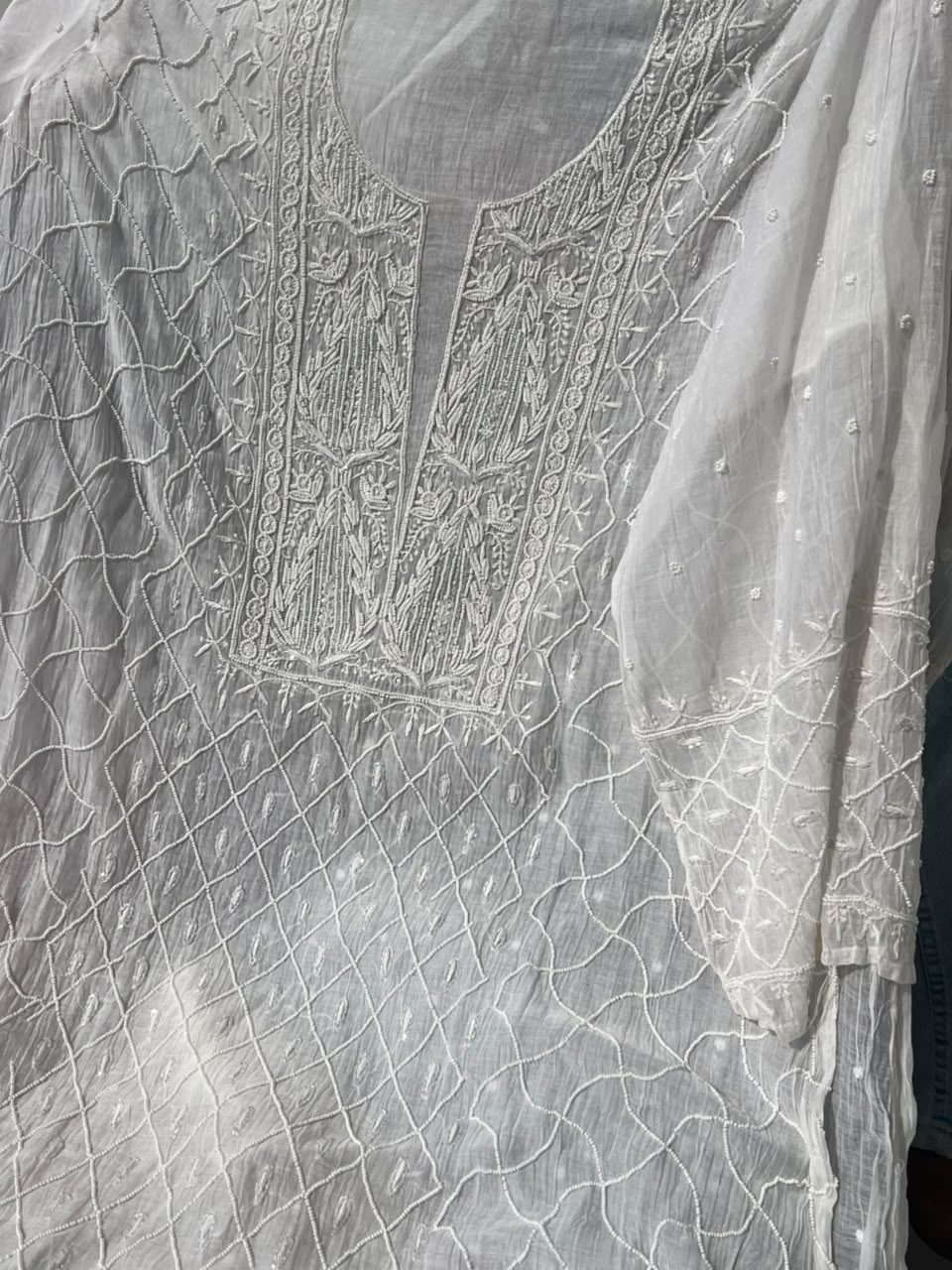 Lucknowi Chikankari Unstitched Straight Suit Set with Heavy Moti & Cutdana Work
