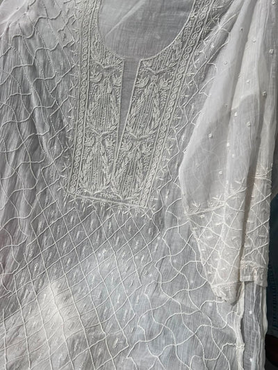 Lucknowi Chikankari Unstitched Straight Suit Set with Heavy Moti & Cutdana Work
