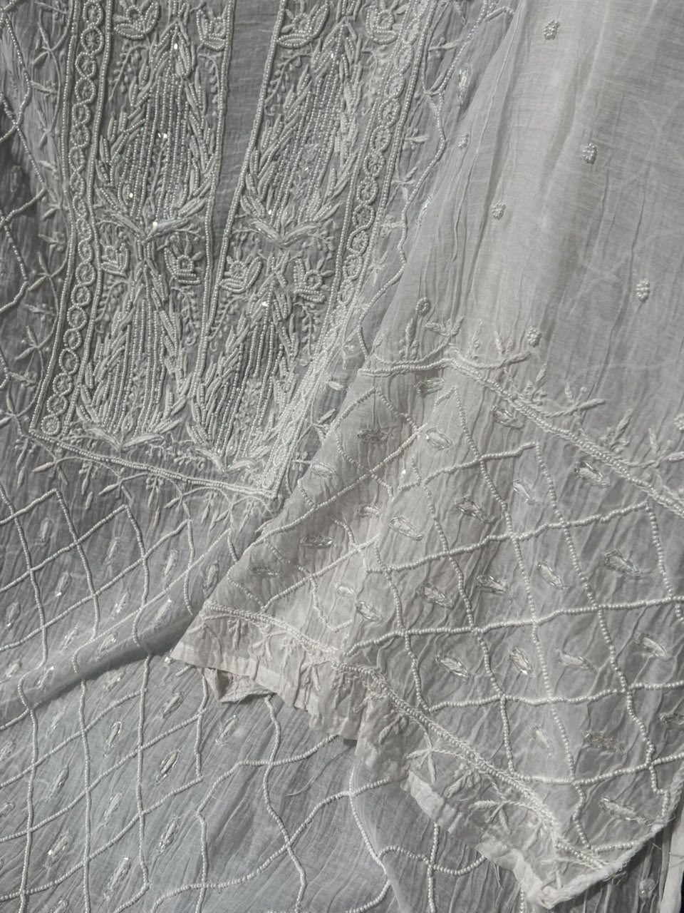 Lucknowi Chikankari Unstitched Straight Suit Set with Heavy Moti & Cutdana Work