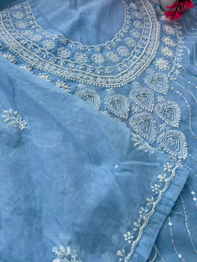 Lucknowi Chikankari Unstitched Mul Chanderi Straight Suit Set