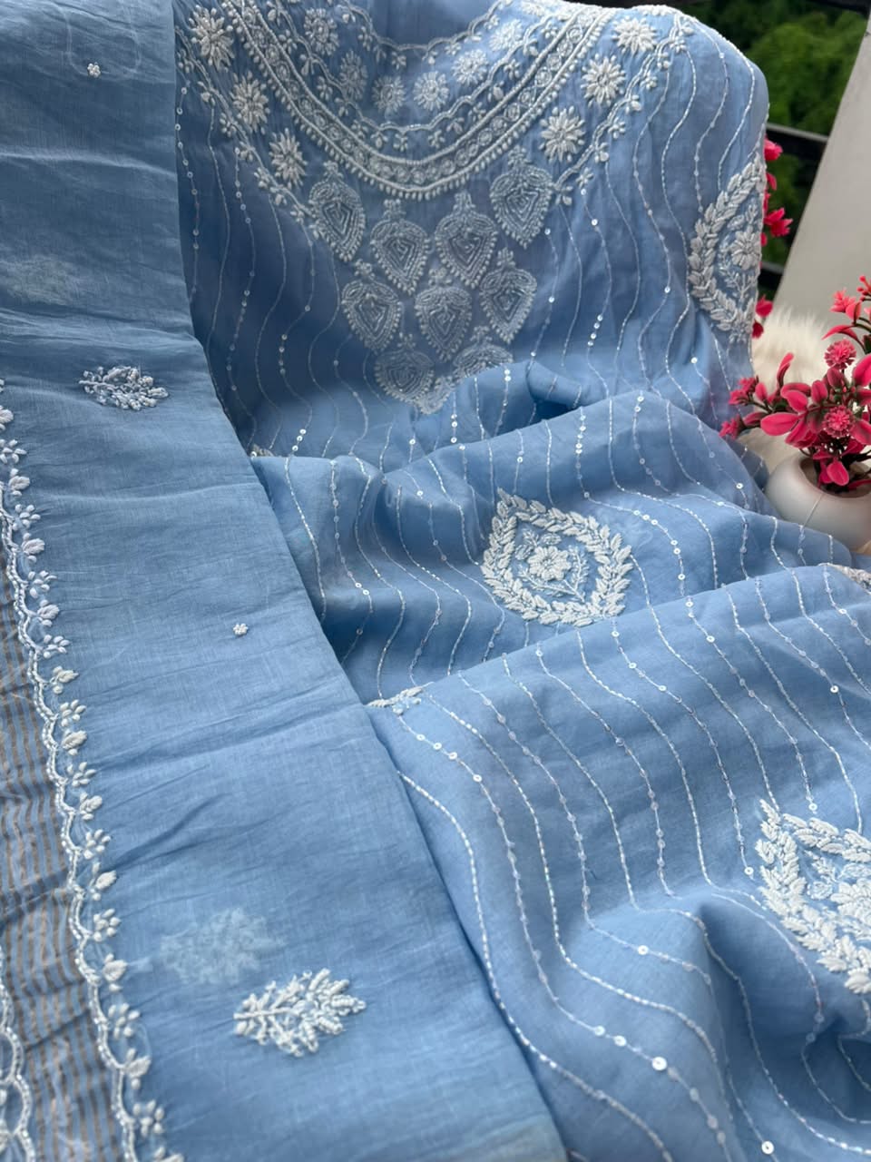 Lucknowi Chikankari Unstitched Mul Chanderi Straight Suit Set