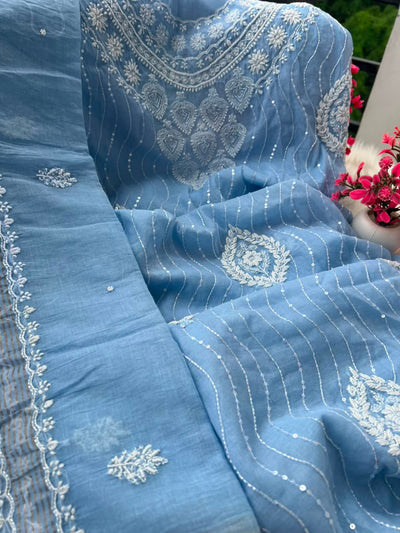 Lucknowi Chikankari Unstitched Mul Chanderi Straight Suit Set