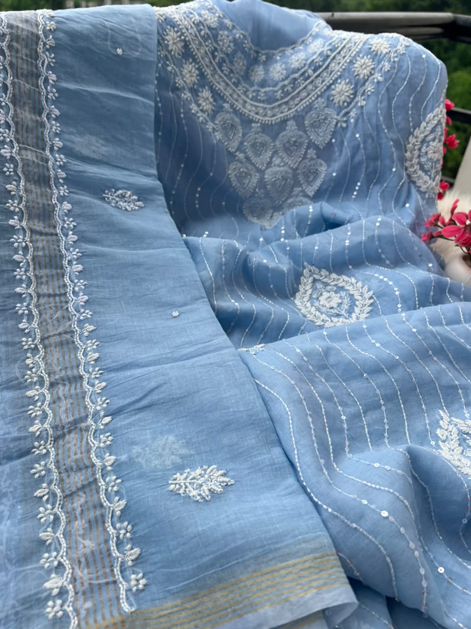 Lucknowi Chikankari Unstitched Mul Chanderi Straight Suit Set