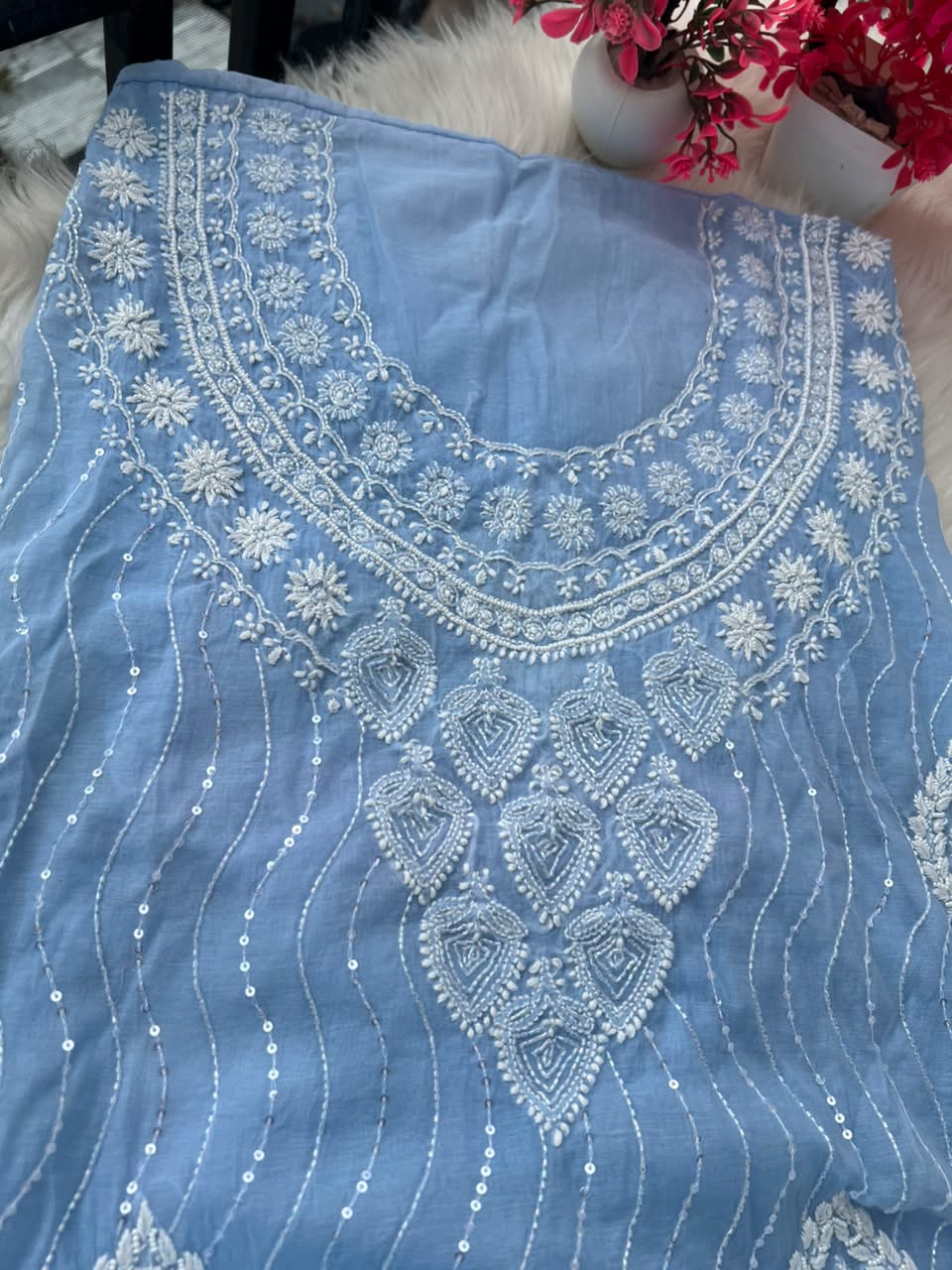Lucknowi Chikankari Unstitched Mul Chanderi Straight Suit Set