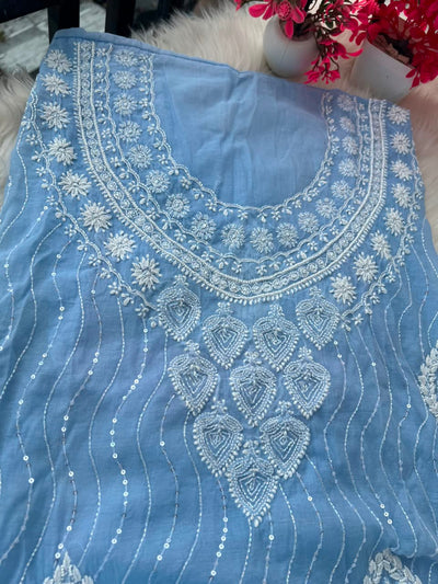 Lucknowi Chikankari Unstitched Mul Chanderi Straight Suit Set