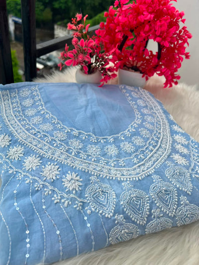 Lucknowi Chikankari Unstitched Mul Chanderi Straight Suit Set