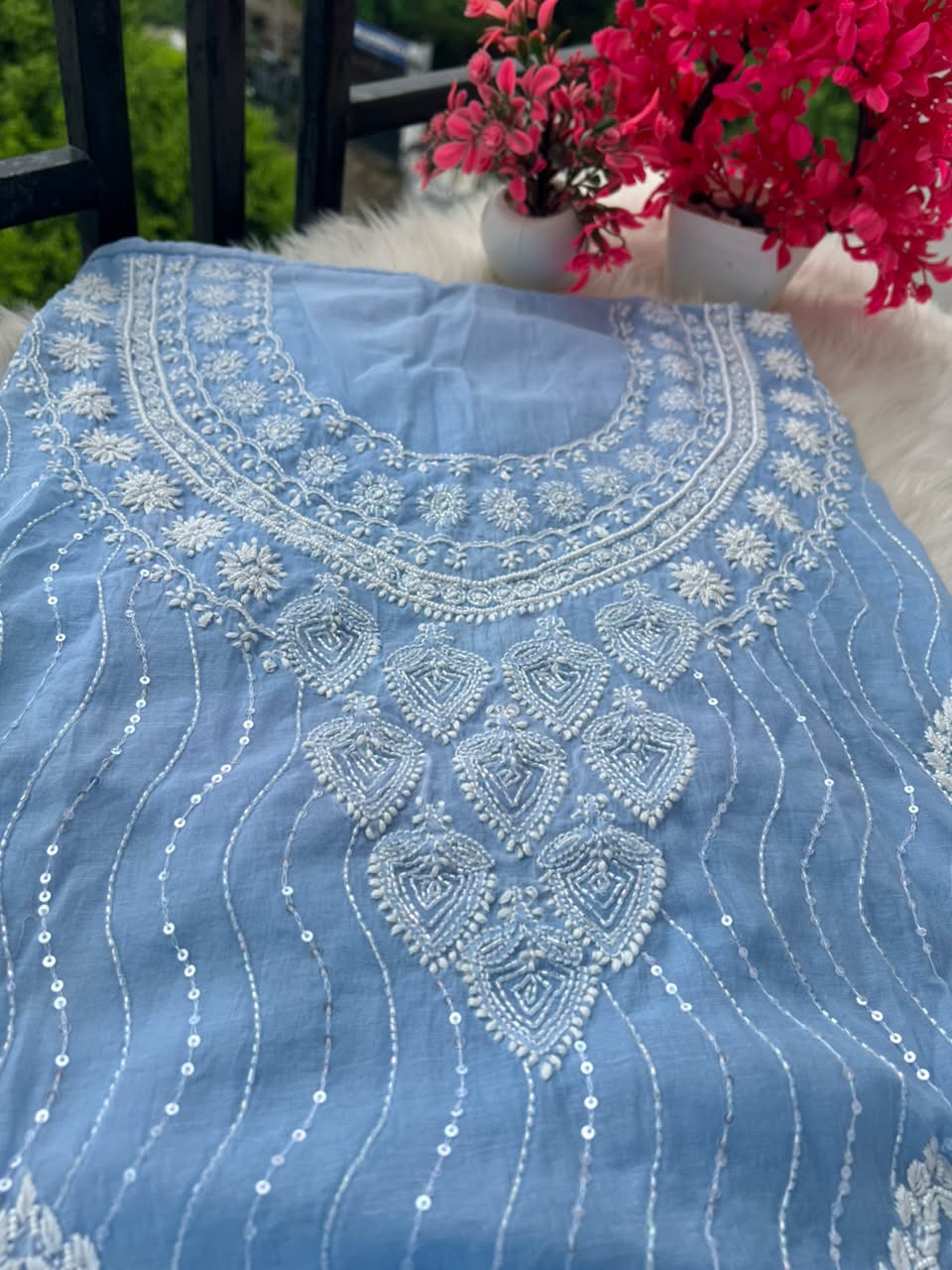 Lucknowi Chikankari Unstitched Mul Chanderi Straight Suit Set