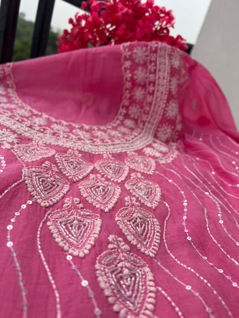 Lucknowi Chikankari Unstitched Mul Chanderi Straight Suit Set