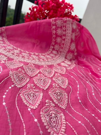 Lucknowi Chikankari Unstitched Mul Chanderi Straight Suit Set
