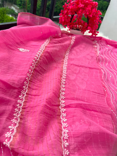 Lucknowi Chikankari Unstitched Mul Chanderi Straight Suit Set