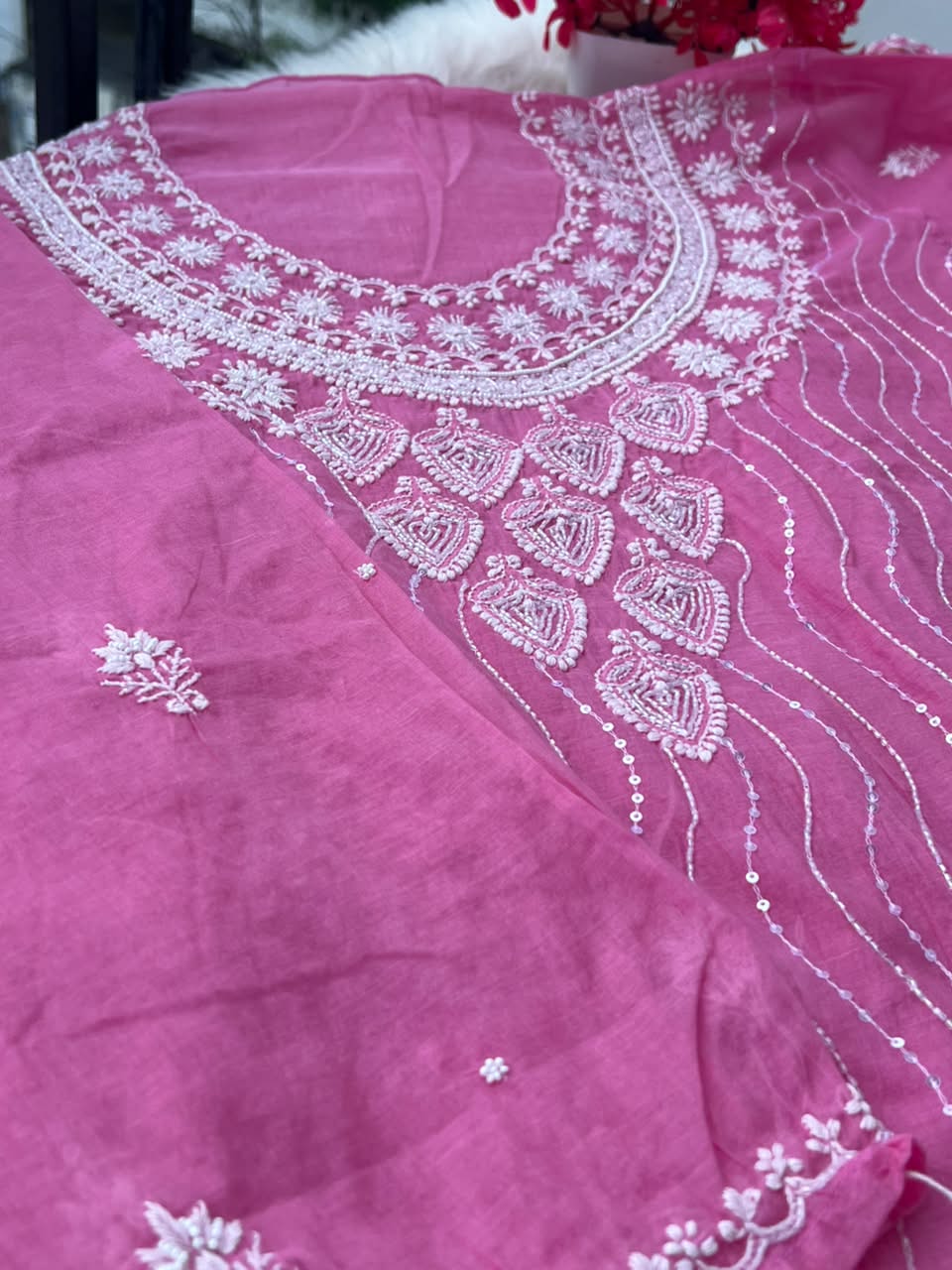 Lucknowi Chikankari Unstitched Mul Chanderi Straight Suit Set