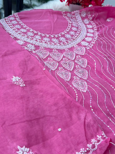 Lucknowi Chikankari Unstitched Mul Chanderi Straight Suit Set