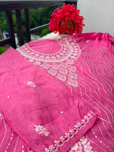 Lucknowi Chikankari Unstitched Mul Chanderi Straight Suit Set