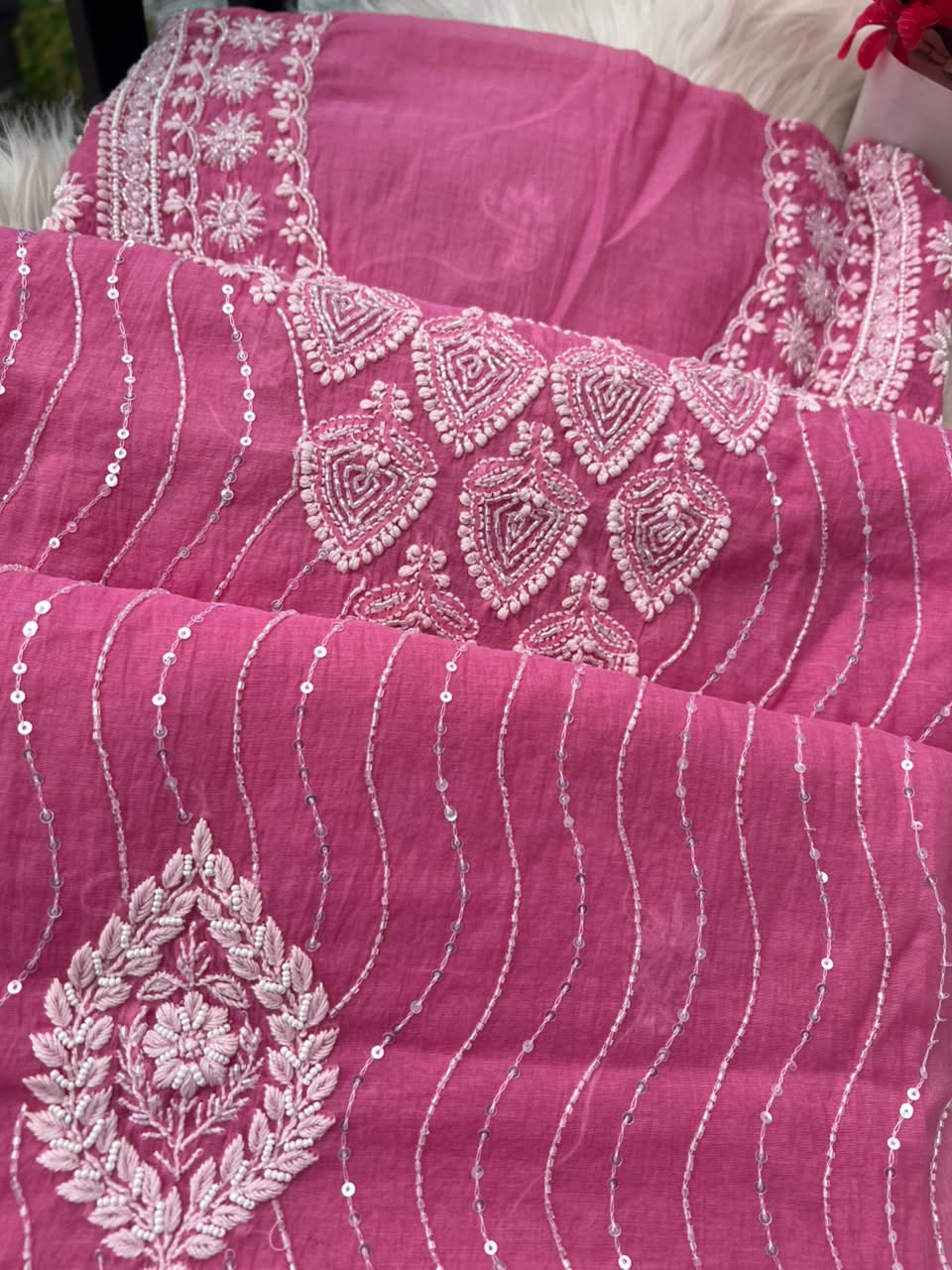Lucknowi Chikankari Unstitched Mul Chanderi Straight Suit Set